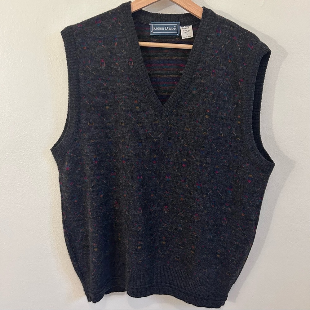 Kenneth Roberts Wool Blend‎ dark Grey sweater vest v-neck size L Made In Italy